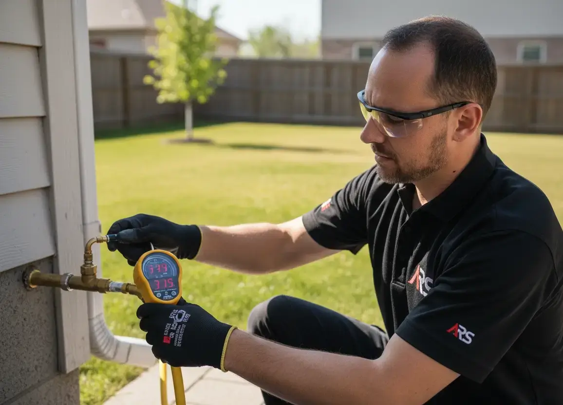 Technician testing gas line pressure for safety