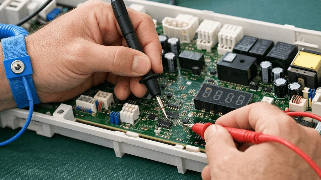 Multimeter probe on LG control board test points during authorized diagnostics