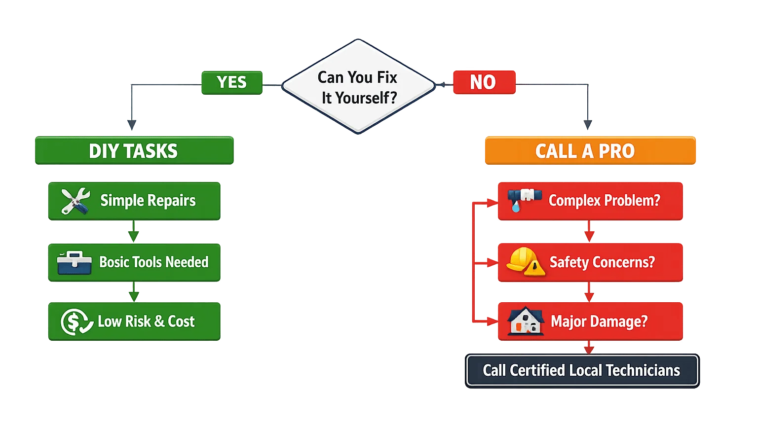 Decision diagram with two paths: DIY fixes vs call a pro, with filters, leveling, and app updates on one side and leaks, scorching, and breaker trips on the other
