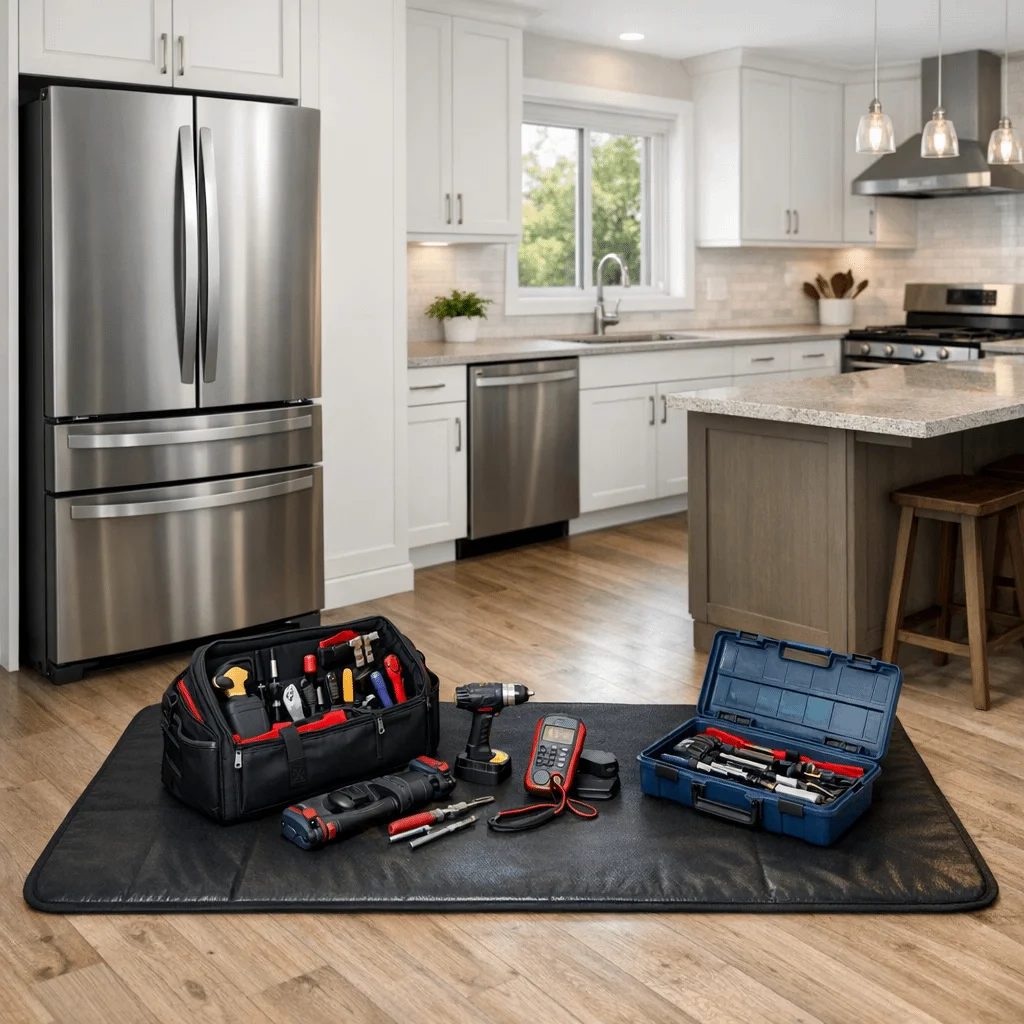 Ontario kitchen with an LG refrigerator and organized technician toolkit on a protective mat