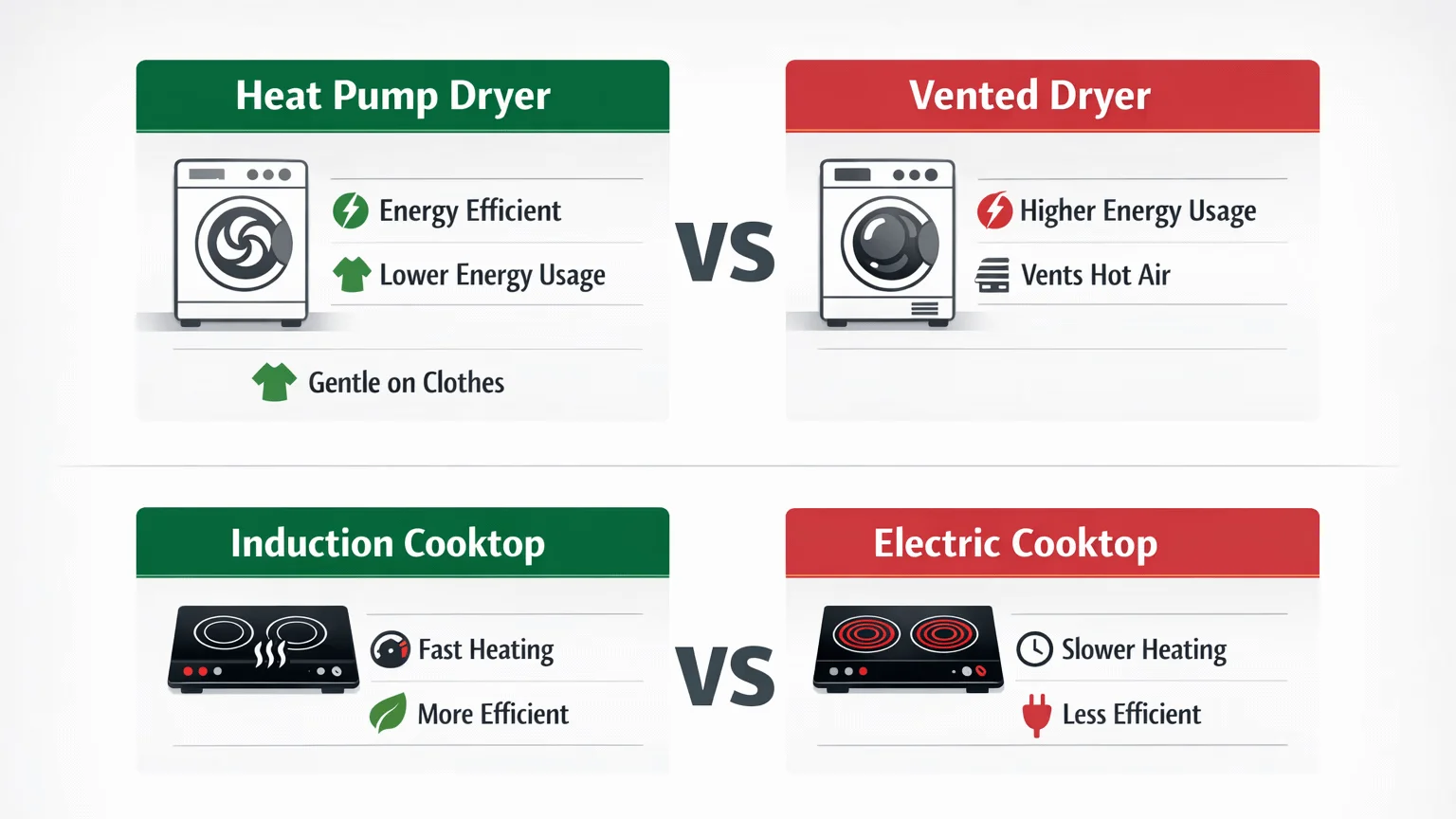 Infographic comparing heat pump vs vented dryers and induction vs electric cooktops with watt-hour bars