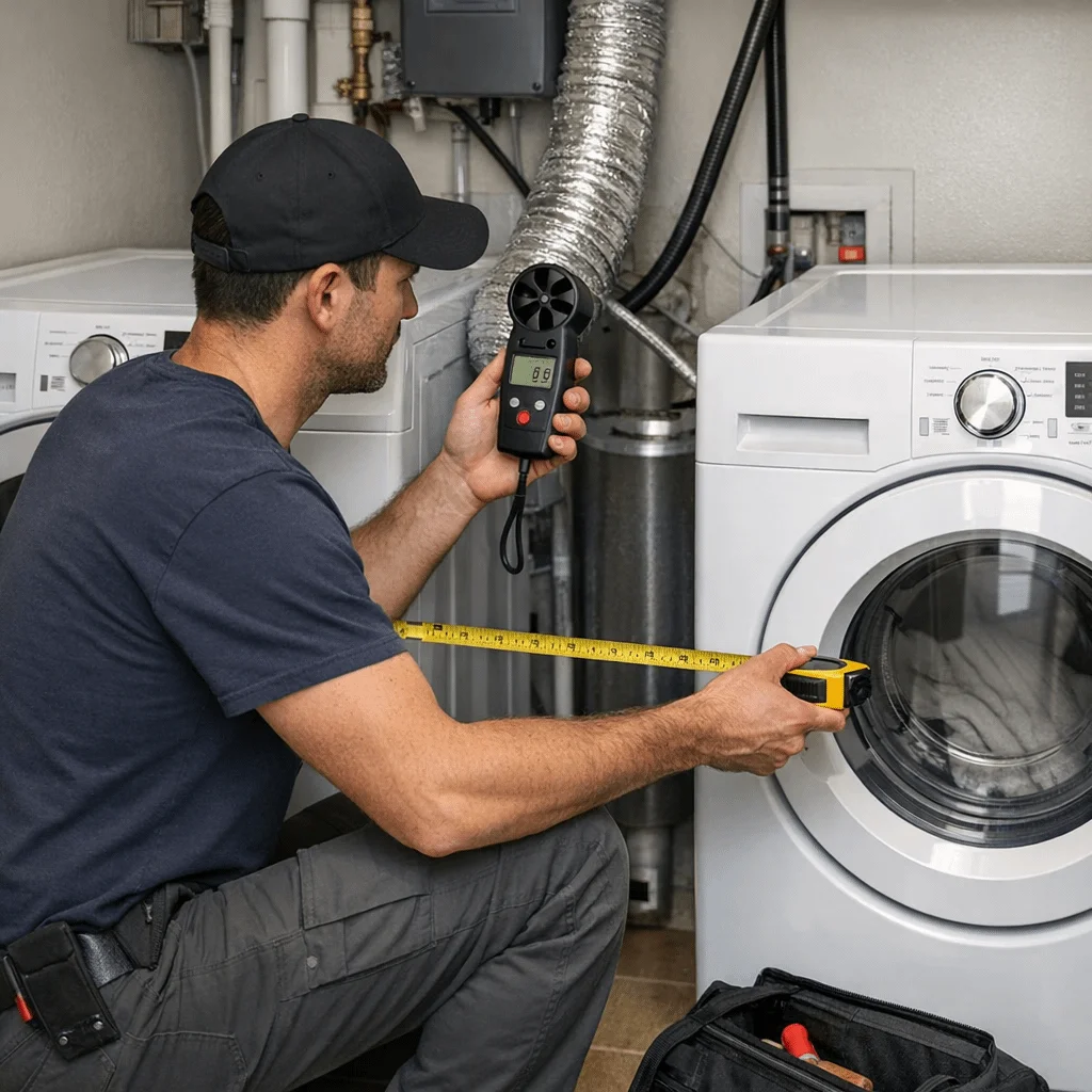 Technician inspecting laundry space clearances with a tape measure and airflow meter in a condo utility closet