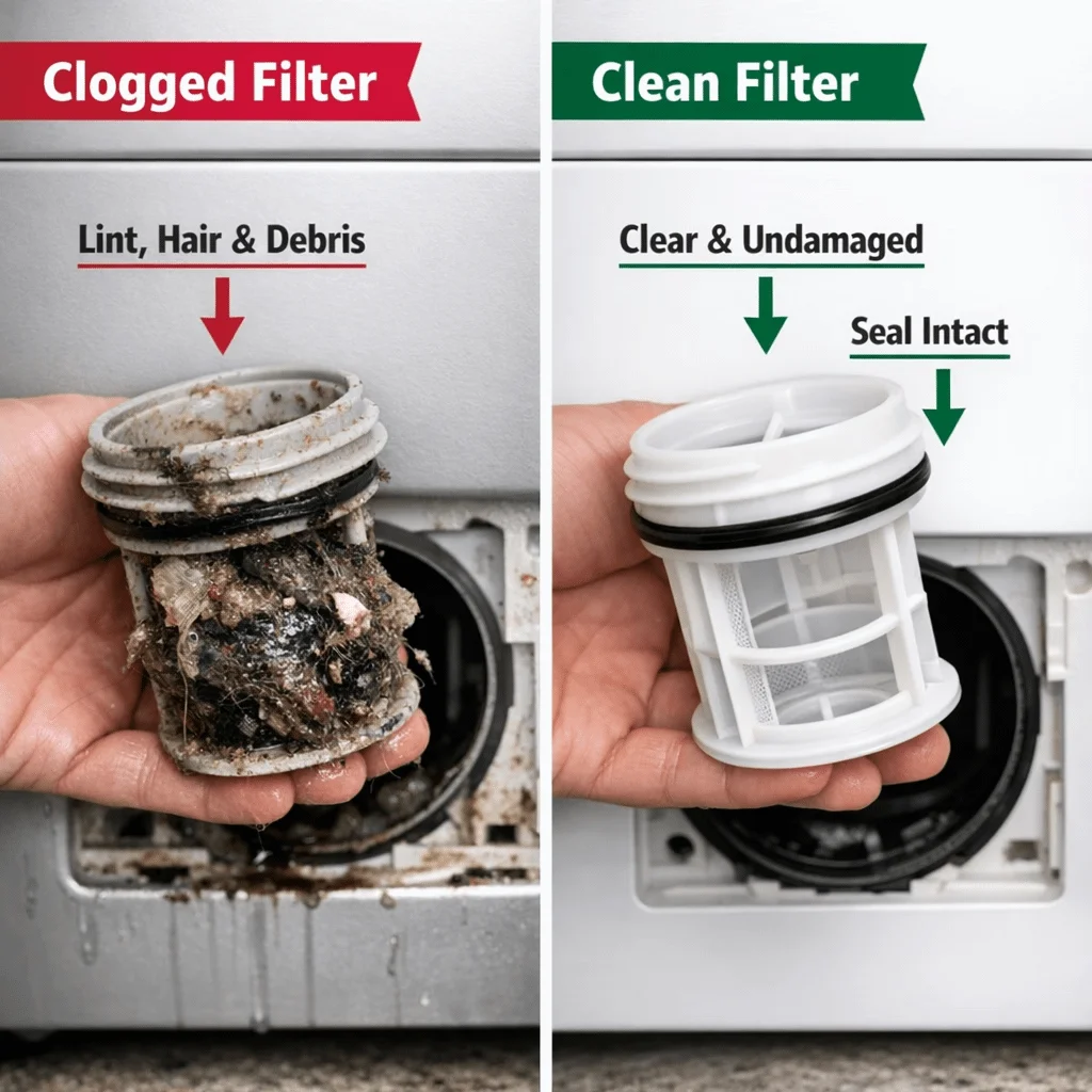 Clogged vs clean LG washer drain filter, a safe check homeowners can do before booking