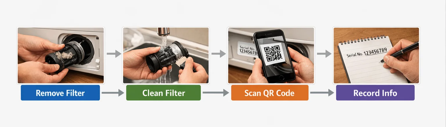 Homeowner checking a washer filter and scanning a QR code on the serial label with a phone