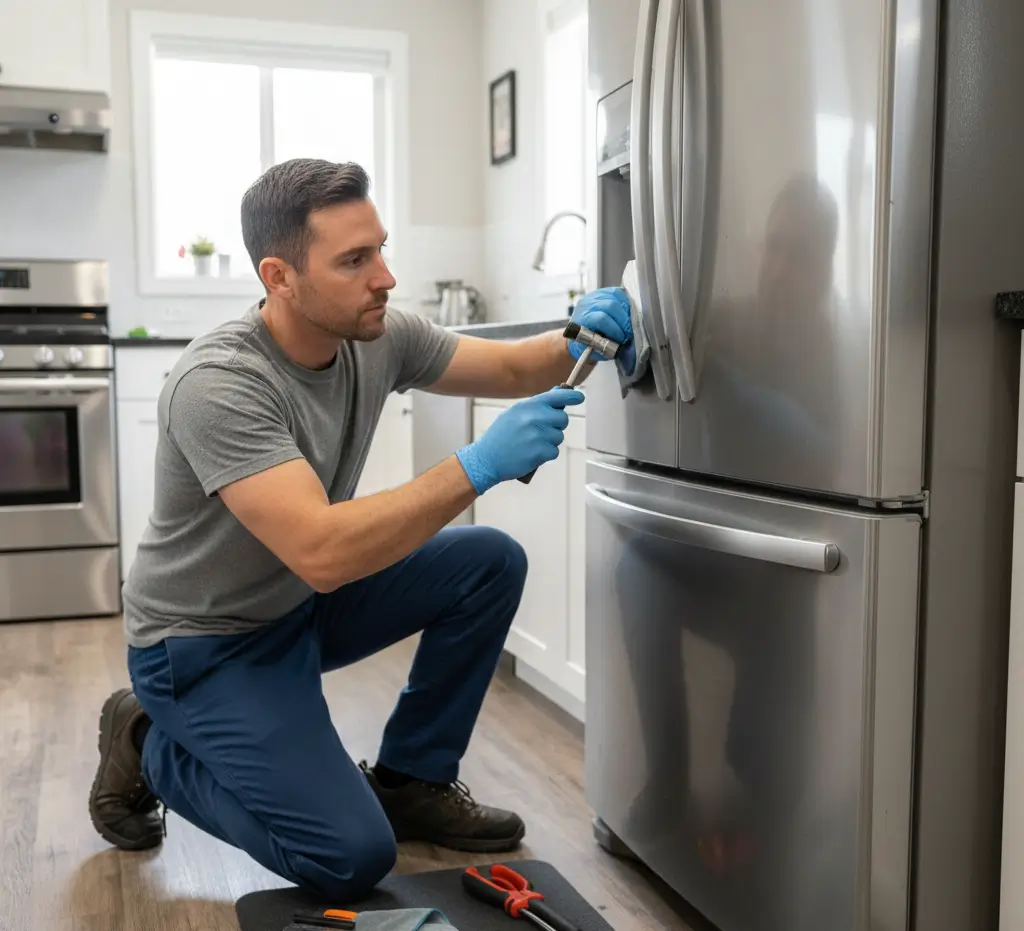 Technician repairing a stainless steel fridge door Technician repairing a stainless steel fridge door