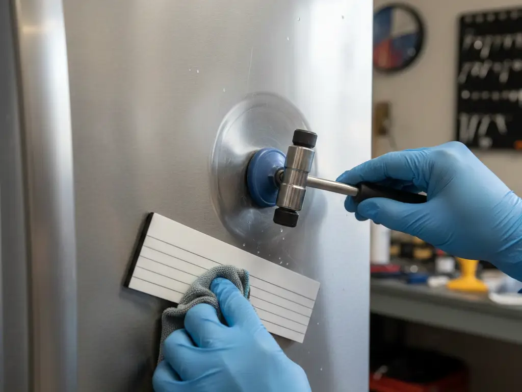 Stainless Steel Fridge Door Dent Repair Closeup Stainless Steel Fridge Door Dent Repair Closeup